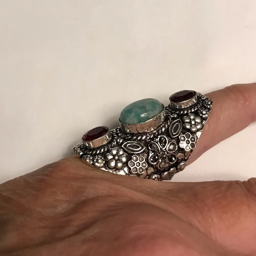Amazonite Garnet Stamped 925 Sterling Silver Ring